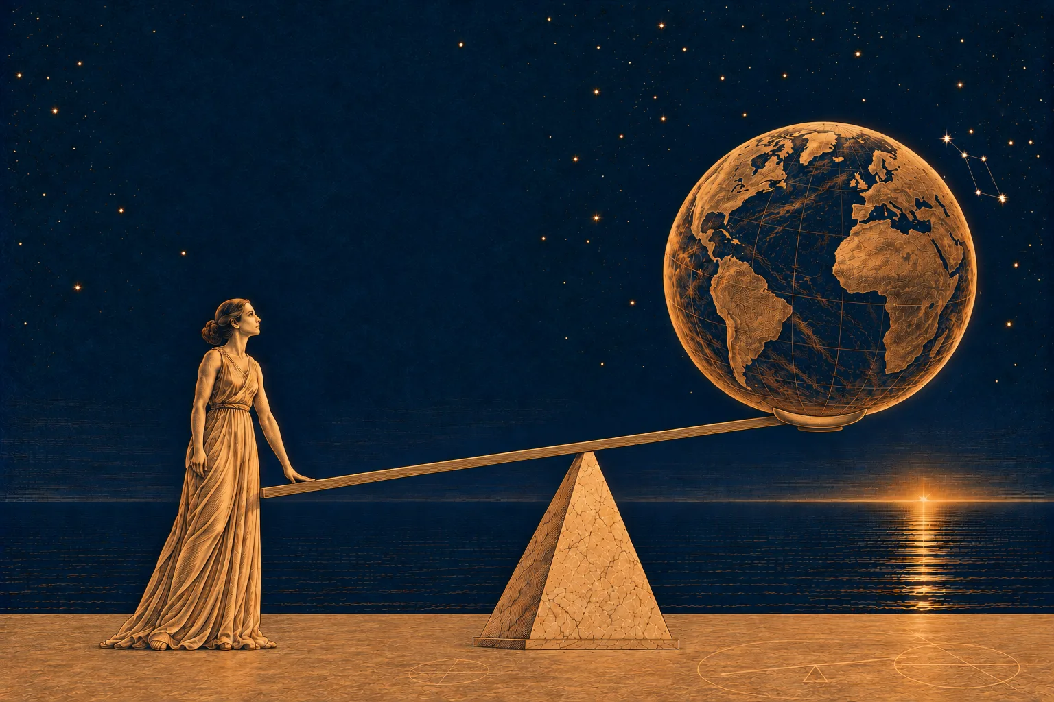A woman in a Greek dress lifts the Earth with a long lever, under a night sky with a star rising on the sea